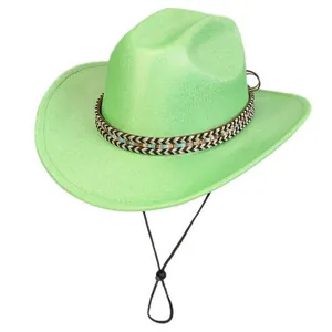 Detailed view of neon green cowboy hat with woven tribal band and adjustable chin strap