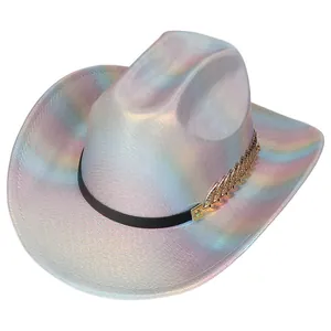 Cappello da cowboy western olografico con tesa larga e ornamento decorativo a foglia d'oro