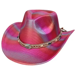 Pink to purple gradient sequins cowboy hat with golden chain and blue gemstone detail