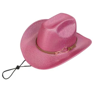 Close-up of pink glitter western hat with brown leather band and adjustable wind cord