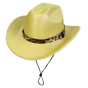Close-up of sparkling yellow glitter cowboy hat featuring a stylish leopard print band