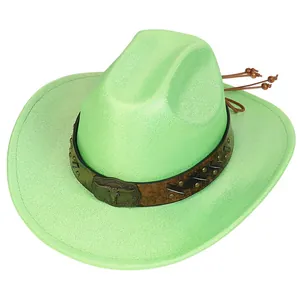 Detail of neon green cowboy hat with leather band, metal bull buckle and rivet accents
