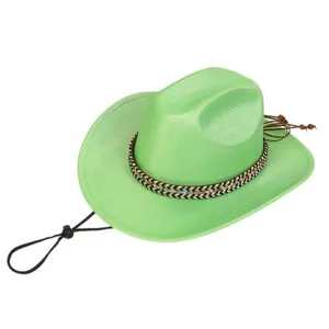 Detail of bright green cowboy hat with braided band, wooden beads and adjustable chin strap