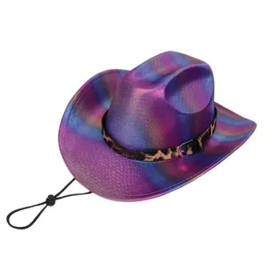 Detail of iridescent laser cowboy hat featuring leopard print band and adjustable chin cord