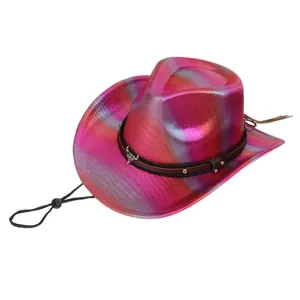 Detail of metallic gradient cowboy hat with bull head stud and adjustable black chin cord