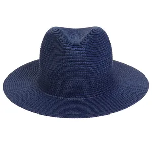 Navy blue wide brim Panama straw hat with a stylish fedora crown and woven texture