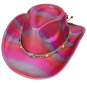 Iridescent western cowboy hat with rainbow metallic finish and golden chain band detail