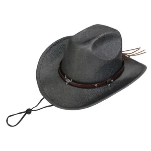 Detail of western cowboy hat with silver bull head ornament and brown leather band