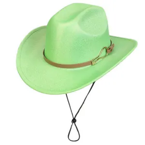 Vibrant green western cowboy hat with brown decorative band and adjustable wind strap