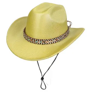 Detail of glittery yellow cowboy hat showing colorful woven band and adjustable chin strap