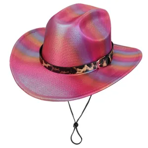 Detail of pink iridescent cowboy hat with leopard print band and adjustable chin strap