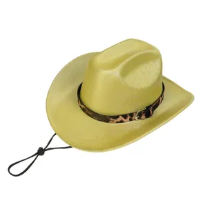 Detail of yellow glitter cowboy hat with leopard print belt and adjustable chin strap