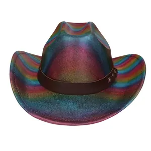 Vue détaillée du chapeau jazz dégradé coloré avec ceinture en cuir marron et boucle en métal
