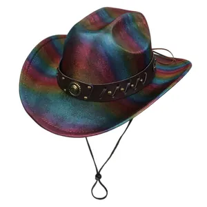 Close-up of rainbow metallic cowboy hat with leather band, studs and adjustable cord