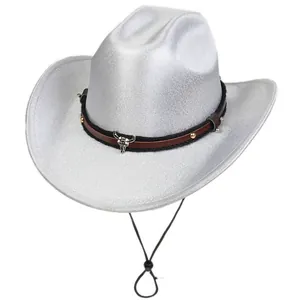 Silver western cowboy hat with a detailed bull skull badge and studded leather strap