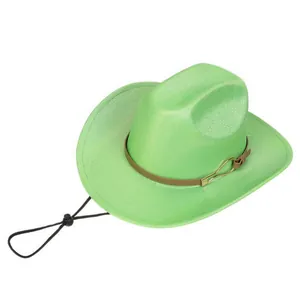 Close-up of glittery neon green fedora hat featuring adjustable drawstring and buckle