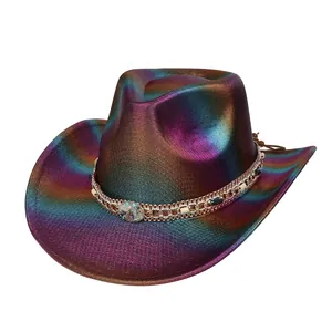 Macro view of metallic rainbow cowboy hat featuring gold chain with shell button accents