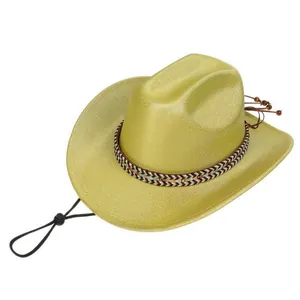 Close-up of golden cowboy hat featuring glitter finish and ethnic braided band with tassels