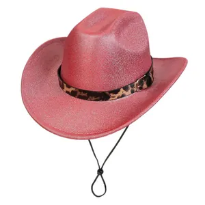 Detail of rose red sequin fedora hat featuring leopard print band and chin strap cord
