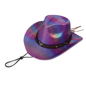 Iridescent disco cowboy hat featuring a metallic bull head buckle and colorful gemstones