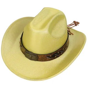 Detail of laser pearlescent cowboy hat with leather band and metal bull head buckle