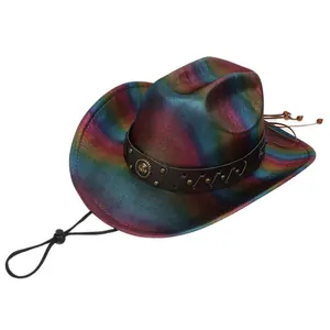 Close-up of rainbow gradient cowboy hat with leather band and metal badge detail
