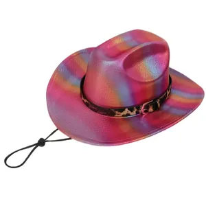 Detail of metallic gradient pink cowboy hat with leopard band and adjustable chin strap
