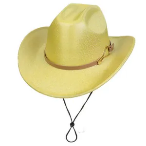 Sparkly yellow sequined fedora jazz hat for men and women with adjustable windproof cord