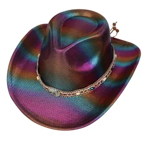 Detail of holographic cowboy hat with gold chain, blue gems, and woven texture