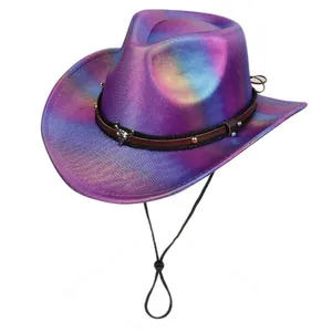 Close-up of holographic purple cowboy hat with metallic bull emblem and leather band