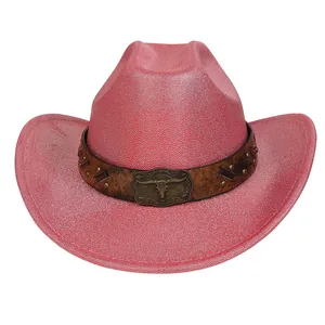 Close-up of red woven cowboy hat with leather band and metal bull skull emblem