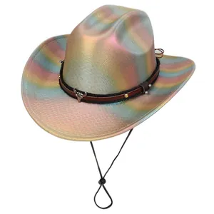 Close-up of holographic cowboy hat featuring western bull head ornament and wide brim