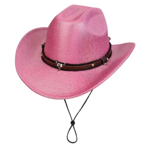Detailed view of pink glitter western cowboy hat with silver bull head metal ornament