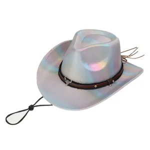 Holographic party cowboy hat with metallic bullhead buckle and silver rivets detail