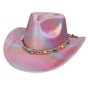Holographic pink western cowboy hat with golden chain and bohemian gemstone detailing
