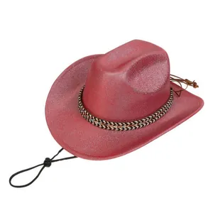 Detail of red glitter cowboy hat featuring sequin finish and woven headband detail