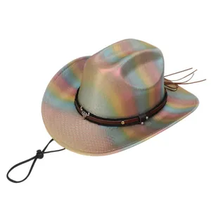 Detail of iridescent cowboy hat featuring metal bull head buckle and adjustable chin strap