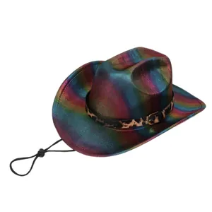 Detail of metallic rainbow cowboy hat featuring leopard print trim and adjustable drawstring