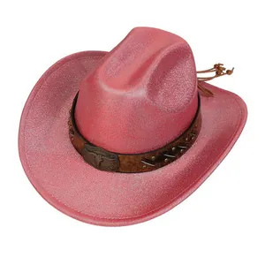 Detailed top view of pink western cowboy hat with studded leather band and bull buckle
