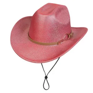 Polyester Glitter Western Cowboy Hat With Adjustable Windproof Rope Decorative Leather Band Pearlescent Party Fedora Hat