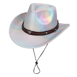 Detailed holographic disco cowboy hat with bull head emblem and golden rivets