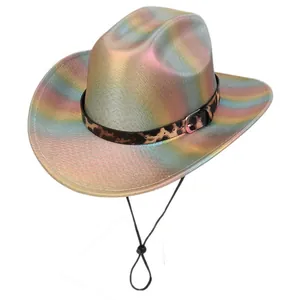 Detail of iridescent cowboy hat with leopard print band and metallic buckle accent