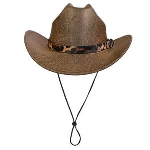Deep brown wide brim felt fedora with leopard print band and adjustable chin strap