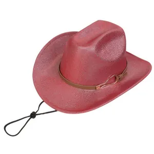 Detail of red glitter cowboy hat with brown decorative band and adjustable wind rope