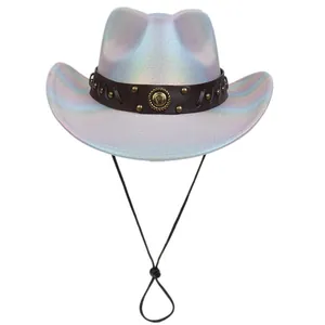 Holographic Gradient Western Cowboy Hat With Rivets Leather Belt Adjustable Chin Strap For Halloween Party Unisex