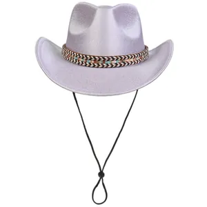 Glitter Western Cowboy Hat For Women With Adjustable Wind Rope And Ethnic Woven Band Fashion Party Dress Up Accessories