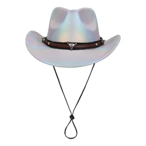 Holographic Iridescent Western Cowboy Hat Polyester Laser Disco Party Hat With Bull Head Decor For Nightclub Performance Halloween Adult