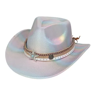 Detailed holographic cowgirl hat showing metal star badge and woven band details