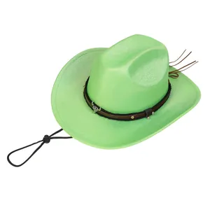 Detail of neon green cowboy hat with a metal bull head pendant and studded band