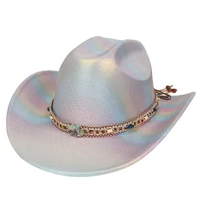 Detail view of iridescent cowboy hat with bohemian beaded band and metallic chain